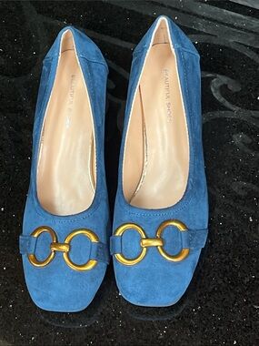 Blue Suede Heels with Gold Horsebit Accent